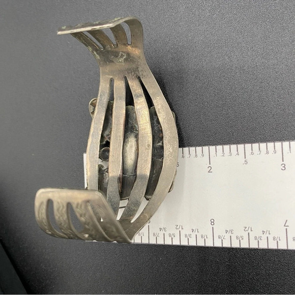 Vintage Southwest Style Silver Butterfly and Turquoise Wide Cuff Bracelet - Picture 10 of 12